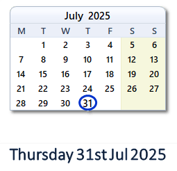 31 July 2025 calendar
