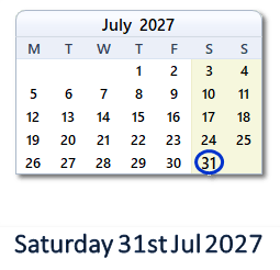 31 July 2027 calendar