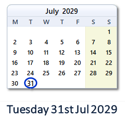 31 July 2029 calendar
