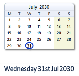 31 July 2030 calendar