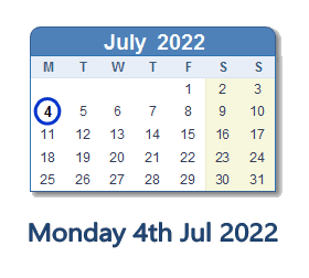 4 July 2022 calendar