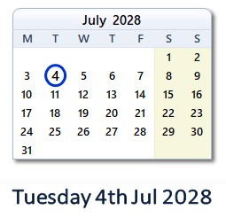 4 July 2028 calendar