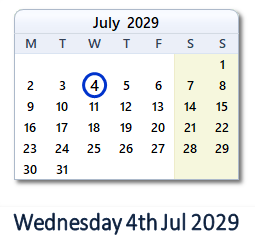 4 July 2029 calendar