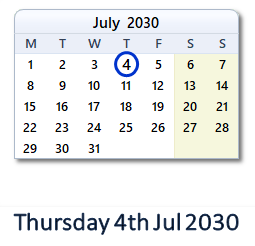 4 July 2030 calendar