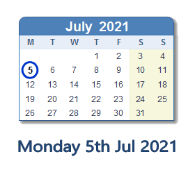 5 July 2021 calendar