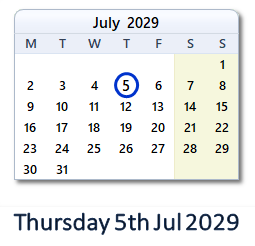 5 July 2029 calendar