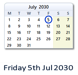 5 July 2030 calendar