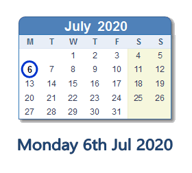 6 July 2020 calendar