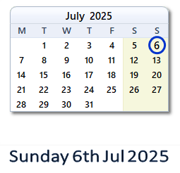 6 July 2025 calendar