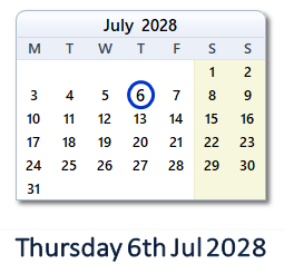 6 July 2028 calendar