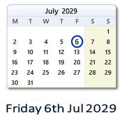 6 July 2029 calendar