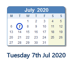 7 July 2020 calendar
