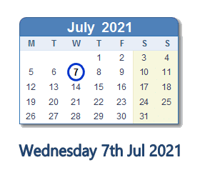 7 July 2021 calendar