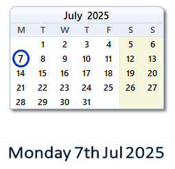 7 July 2025 calendar
