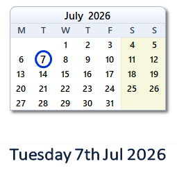 7 July 2026 calendar