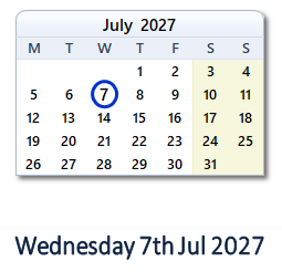 7 July 2027 calendar