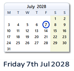 7 July 2028 calendar