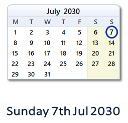 7 July 2030 calendar