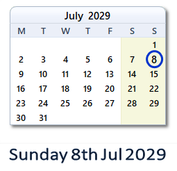8 July 2029 calendar