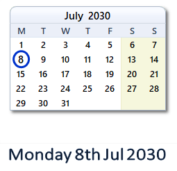 8 July 2030 calendar