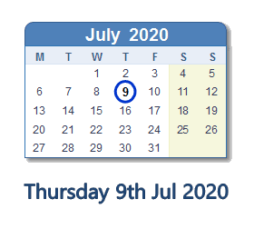 9 July 2020 calendar