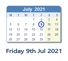9 July 2021 calendar