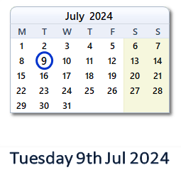 9 July 2024 calendar