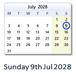 9 July 2028 calendar
