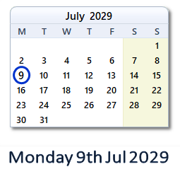 9 July 2029 calendar