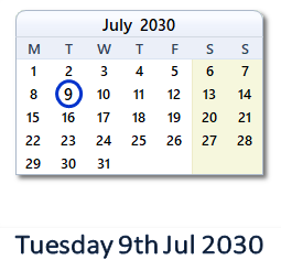 9 July 2030 calendar