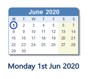 1 June 2020 calendar