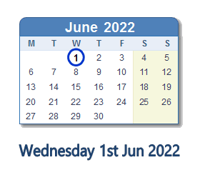 1 June 2022 calendar