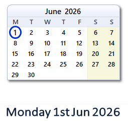 1 June 2026 calendar