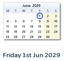 1 June 2029 calendar