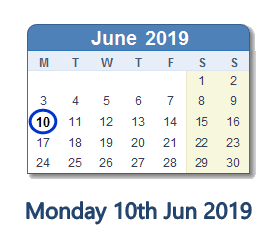 10 June 2019 calendar