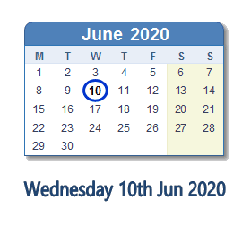10 June 2020 calendar