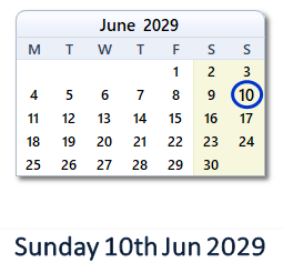 10 June 2029 calendar