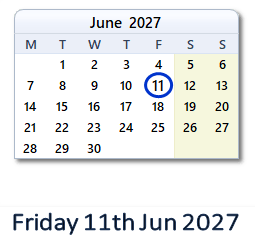 11 June 2027 calendar