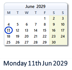 11 June 2029 calendar