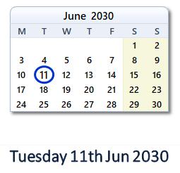 11 June 2030 calendar