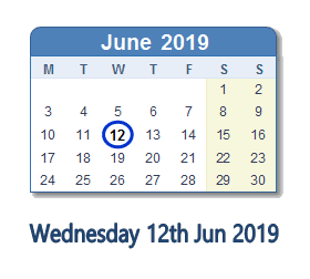 12 June 2019 calendar