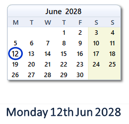 12 June 2028 calendar