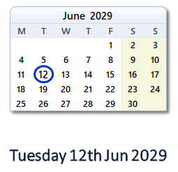 12 June 2029 calendar