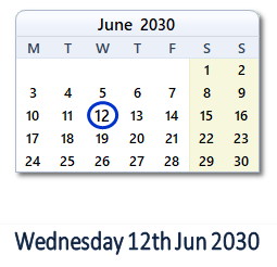 12 June 2030 calendar