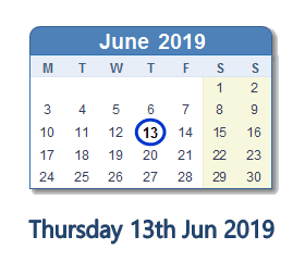 13 June 2019 calendar