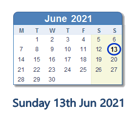 13 June 2021 calendar