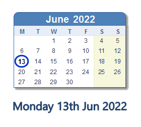 13 June 2022 calendar