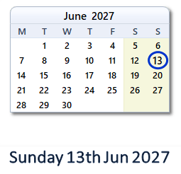 13 June 2027 calendar