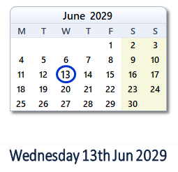 13 June 2029 calendar