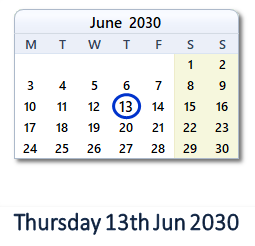 13 June 2030 calendar
